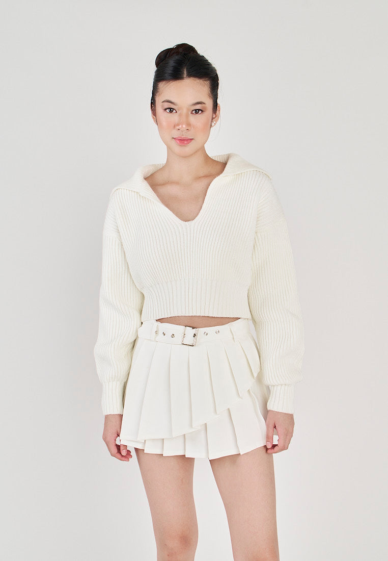 Charlie White Knitted V Neck Collar Long Sleeves Sweater Top