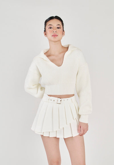 Charlie White Knitted V Neck Collar Long Sleeves Sweater Top