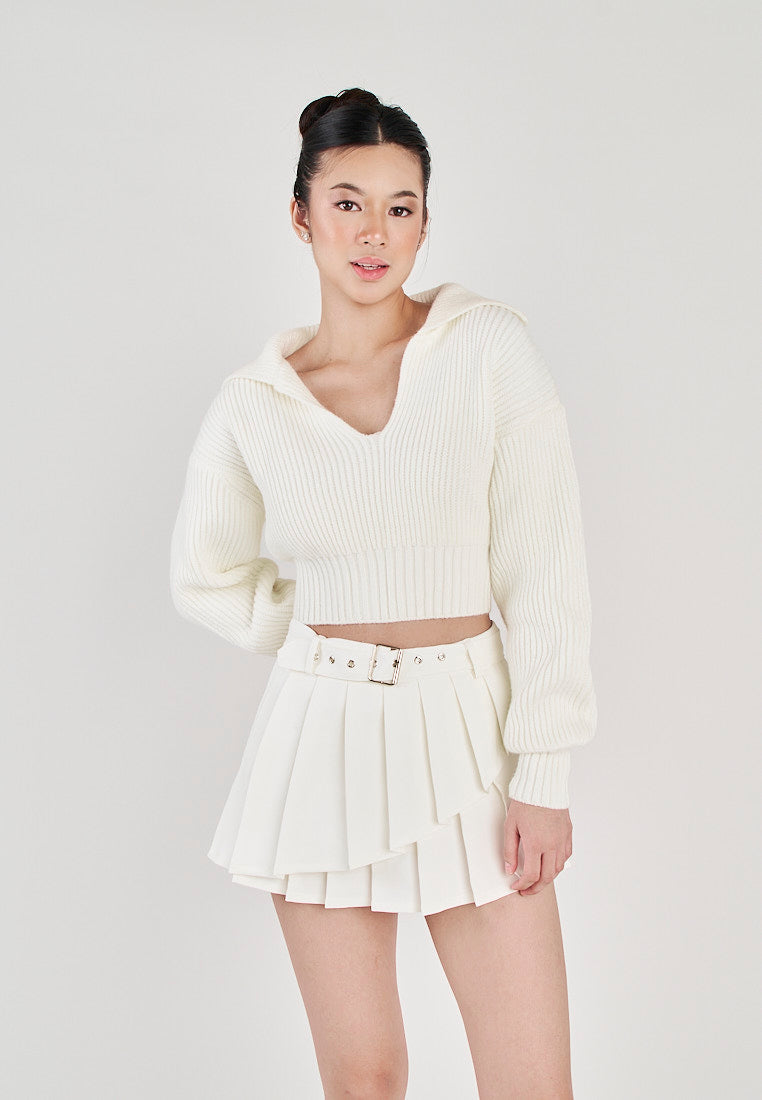 Charlie White Knitted V Neck Collar Long Sleeves Sweater Top