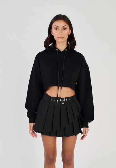 Hirro Black Pleated asymmetrical Front Detail with Belt Mini Skirt