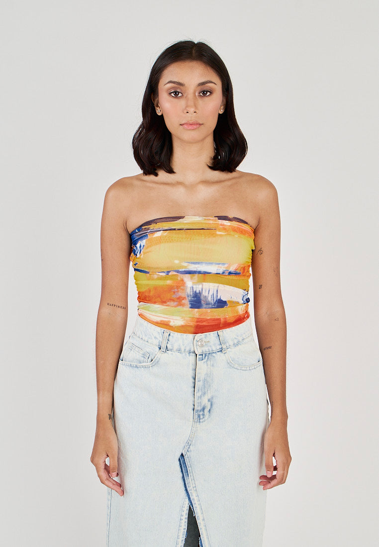 Glee Multicolor Tie Dye Ruched Sides Tube Mesh Top