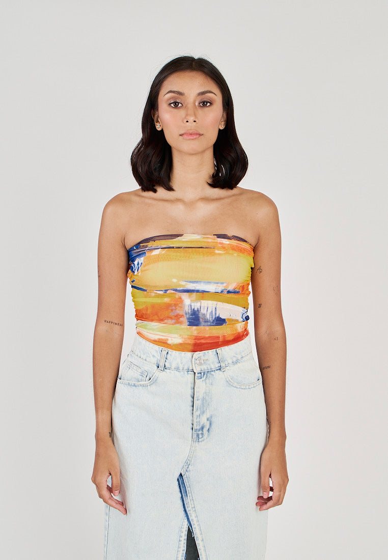 Glee Multicolor Tie Dye Ruched Sides Tube Mesh Top