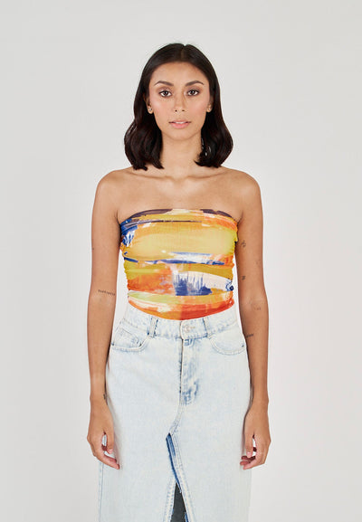 Glee Multicolor Tie Dye Ruched Sides Tube Mesh Top