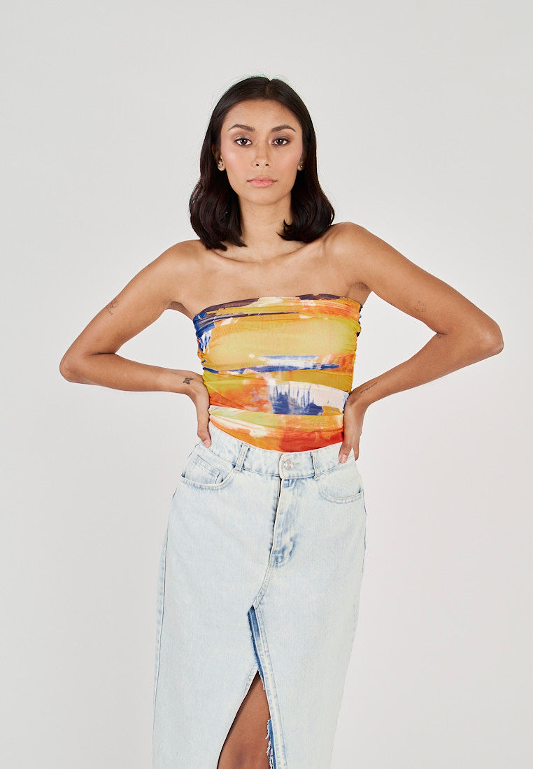 Glee Multicolor Tie Dye Ruched Sides Tube Mesh Top