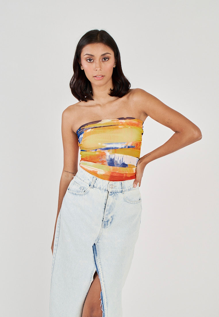 Glee Multicolor Tie Dye Ruched Sides Tube Mesh Top