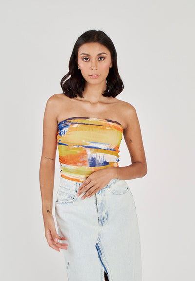 Glee Multicolor Tie Dye Ruched Sides Tube Mesh Top