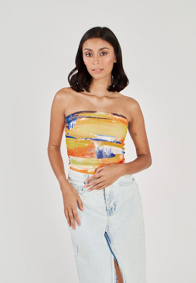 Glee Multicolor Tie Dye Ruched Sides Tube Mesh Top