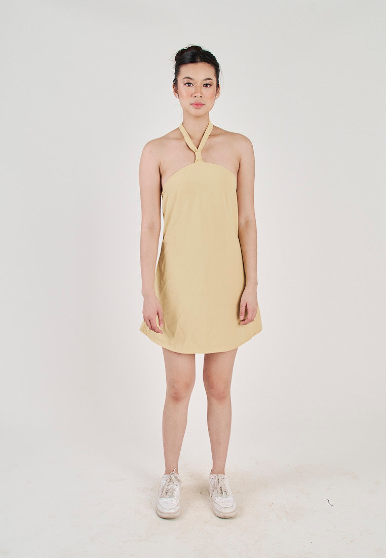 Kumiko Yellow Sleeveless Halter Open Zipper Back Mini Dress