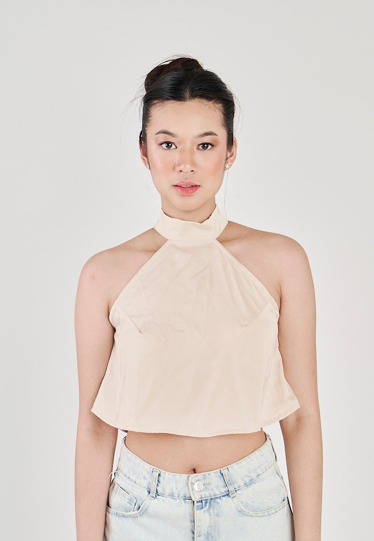 Yumi Beige Sleeveless Turtle Neck Halter Top