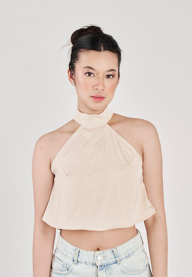 Yumi Beige Sleeveless Turtle Neck Halter Top