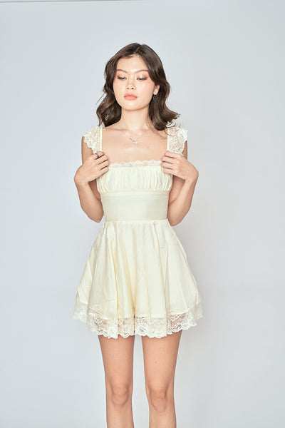 Jasper Light Yellow Square Neck Sleeveless Lace Mini Dress