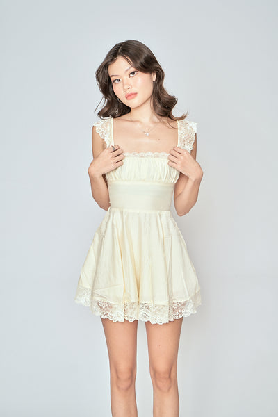 Jasper Light Yellow Square Neck Sleeveless Lace Mini Dress