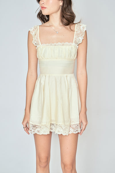 Jasper Light Yellow Square Neck Sleeveless Lace Mini Dress