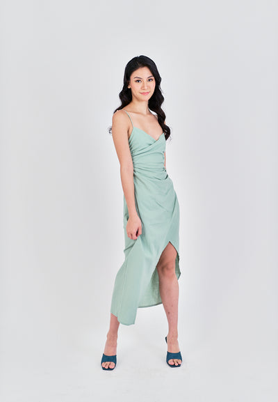 Alynna Sage Overlap V Neckline Pleated Asymmetrical Side Slit Sleeveless Midi Dress