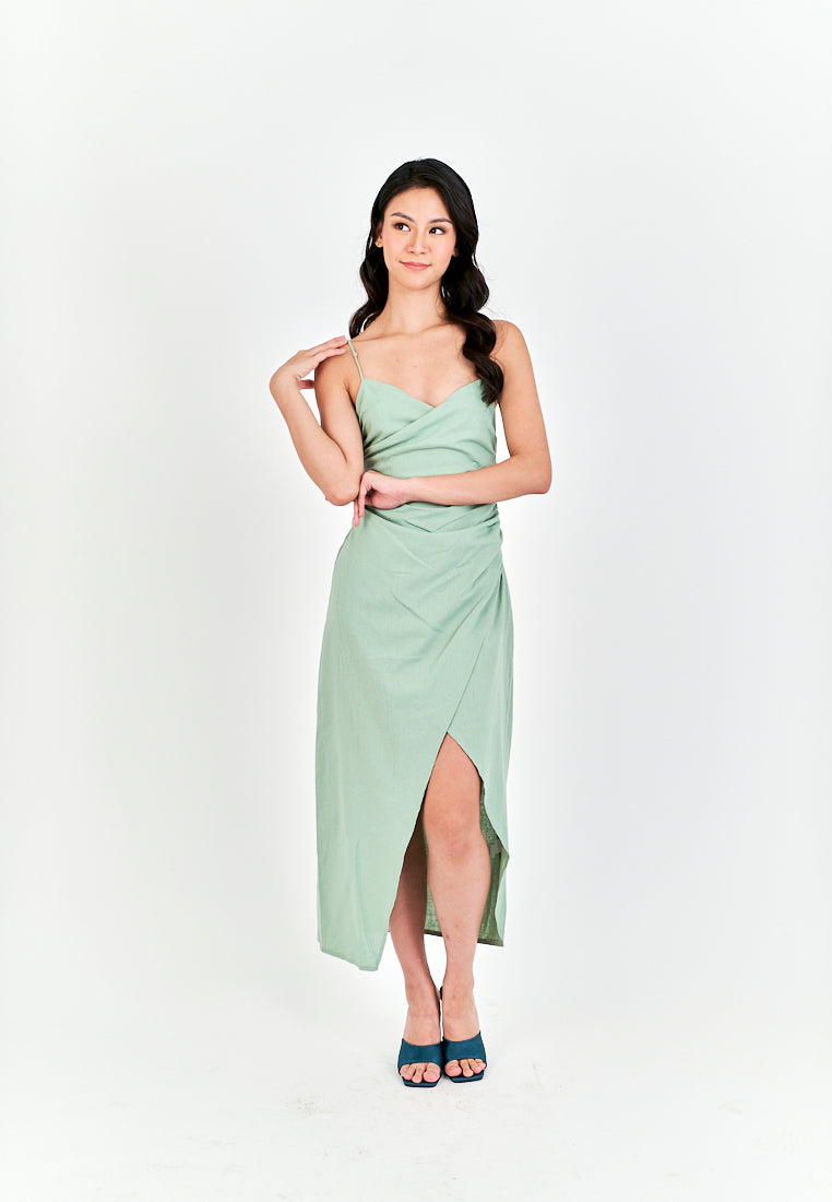 Alynna Sage Overlap V Neckline Pleated Asymmetrical Side Slit Sleeveless Midi Dress