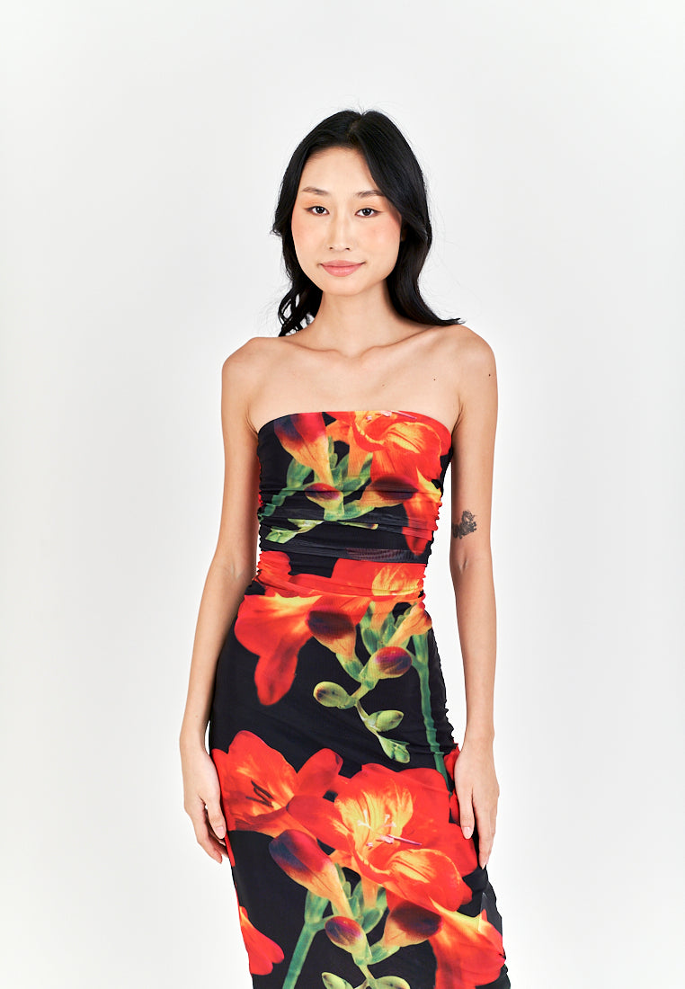 Elba Black with Orange Floral Pleated Sides Mesh Tube Midi Dress