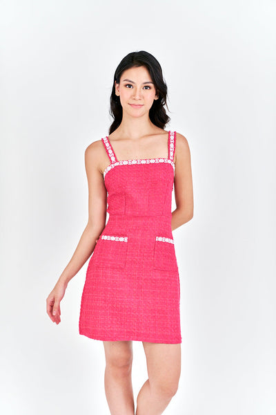 Lorie Pink Lace Square Neckline Tweed Sleeveless with Pockets Mini Dress