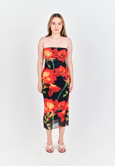 Elba Black with Orange Floral Pleated Sides Mesh Tube Midi Dress