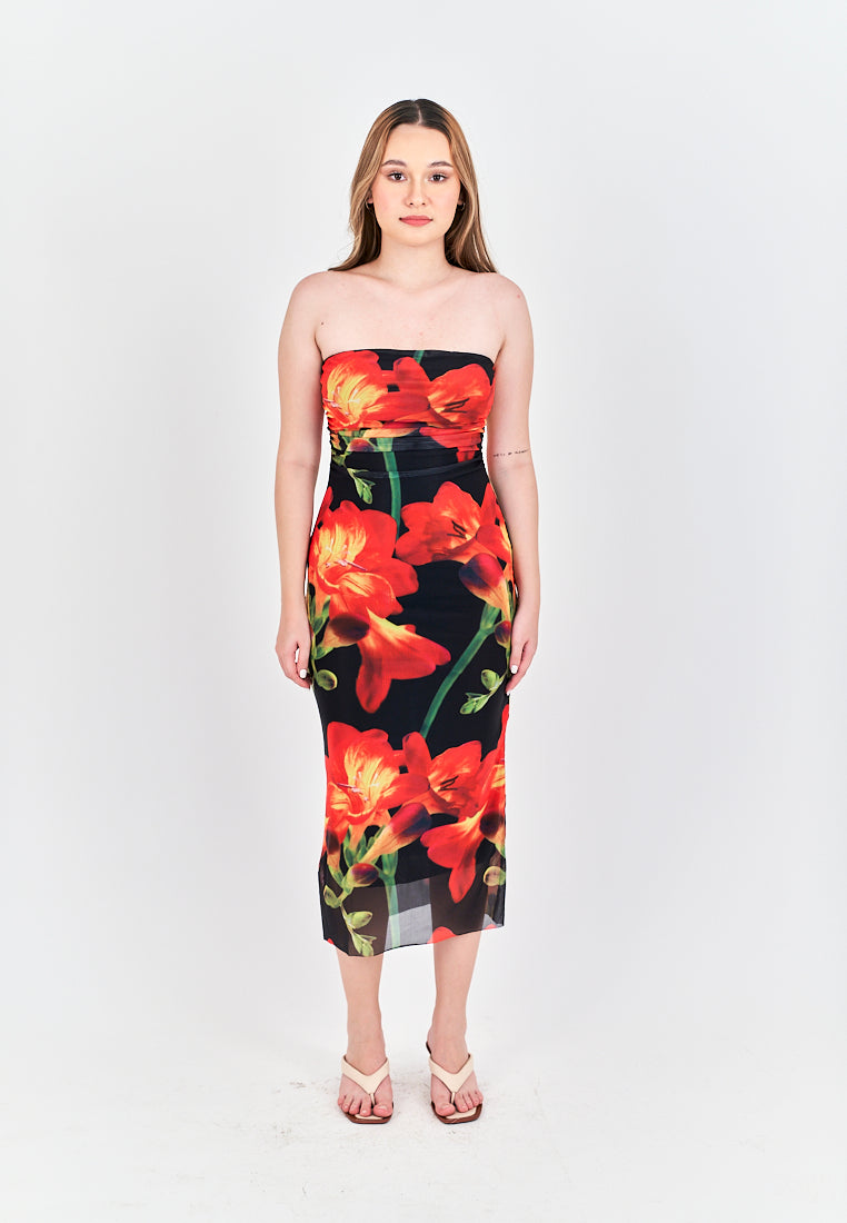 Elba Black with Orange Floral Pleated Sides Mesh Tube Midi Dress