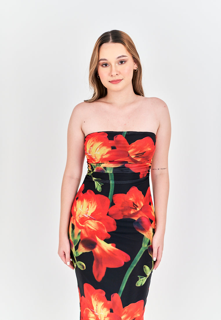 Elba Black with Orange Floral Pleated Sides Mesh Tube Midi Dress