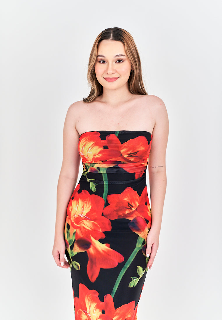 Elba Black with Orange Floral Pleated Sides Mesh Tube Midi Dress