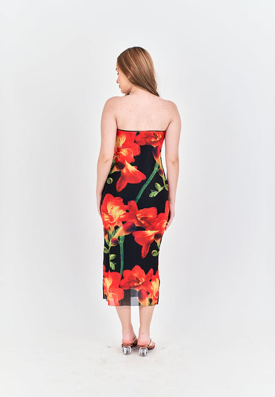 Elba Black with Orange Floral Pleated Sides Mesh Tube Midi Dress