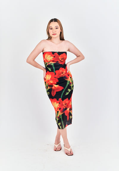 Elba Black with Orange Floral Pleated Sides Mesh Tube Midi Dress