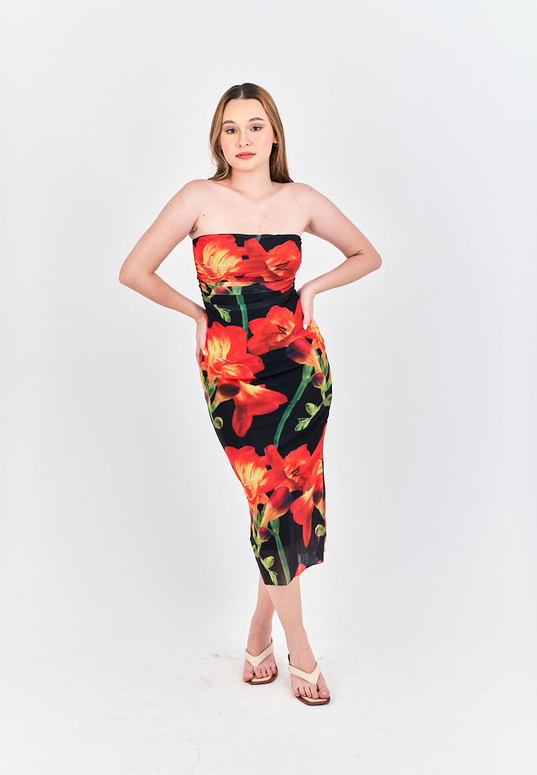 Elba Black with Orange Floral Pleated Sides Mesh Tube Midi Dress