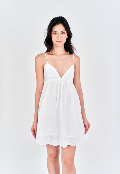 Lindee White Eyelet V Neckline Spaghetti Strap Mini Dress