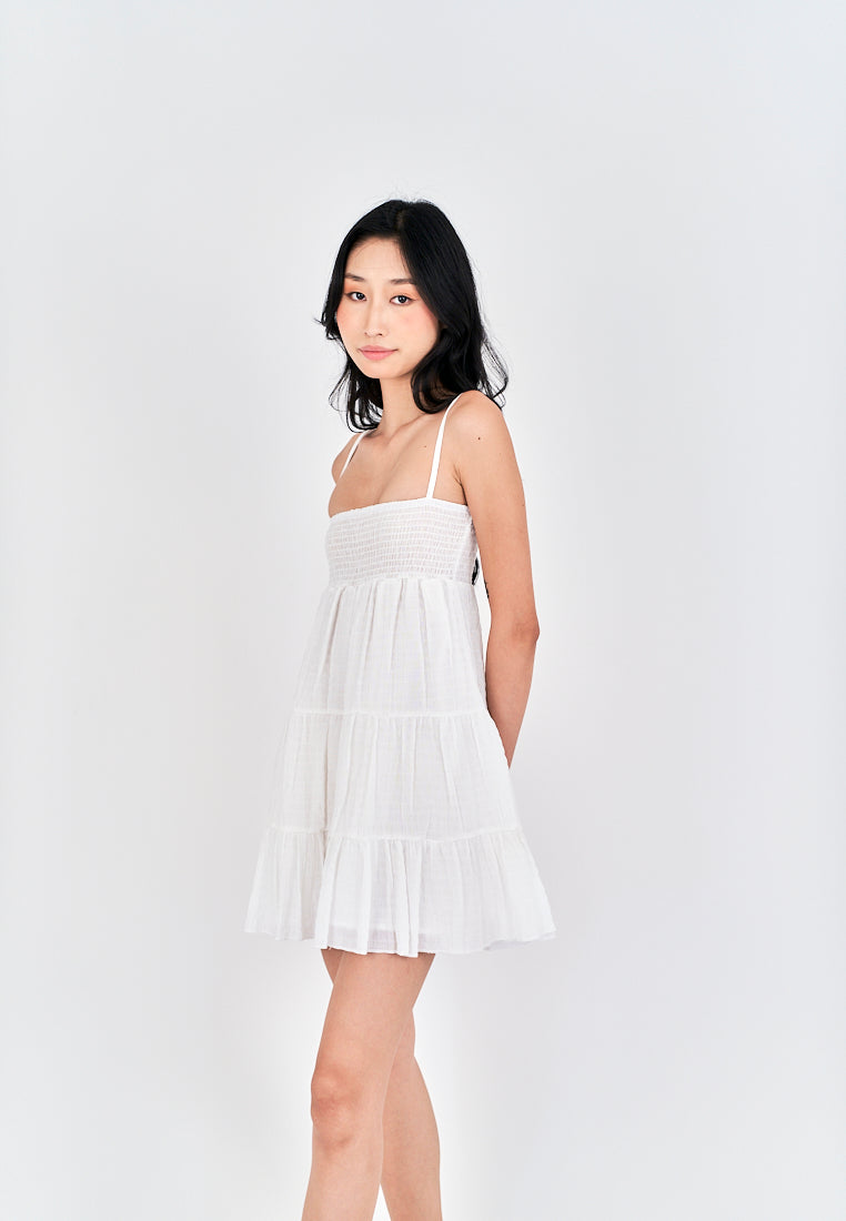 Calista White Smocked Top Sleeveless Tiered Mini Dress