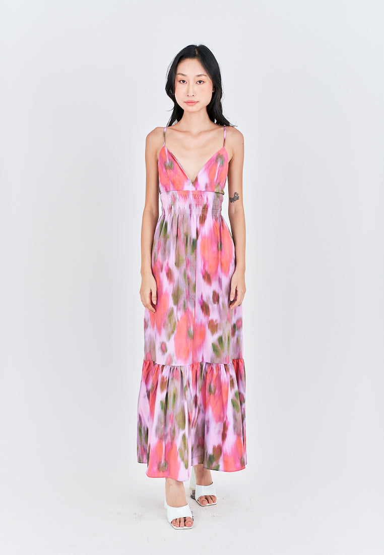 Stephanie Pink with Green Tie Dye V Neck Bow Back Tiered Sleeveless Midi Dress