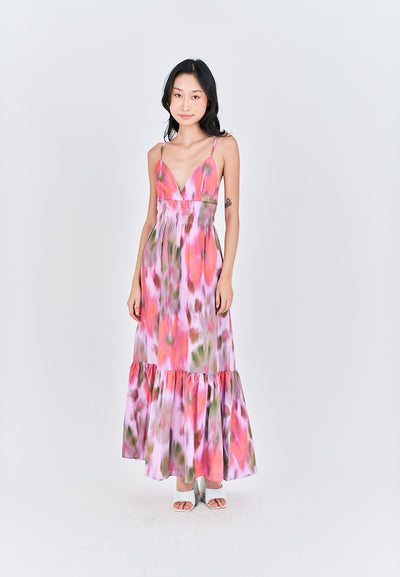 Stephanie Pink with Green Tie Dye V Neck Bow Back Tiered Sleeveless Midi Dress