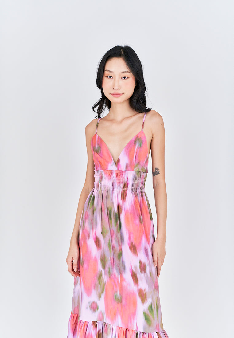 Stephanie Pink with Green Tie Dye V Neck Bow Back Tiered Sleeveless Midi Dress