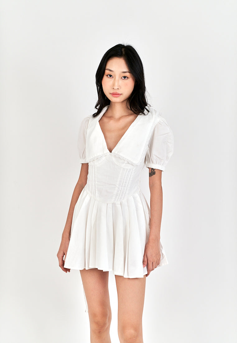 Ellisa White Collared Lace V Neck Bow Back Pleated Short Sleeves Mini Dress