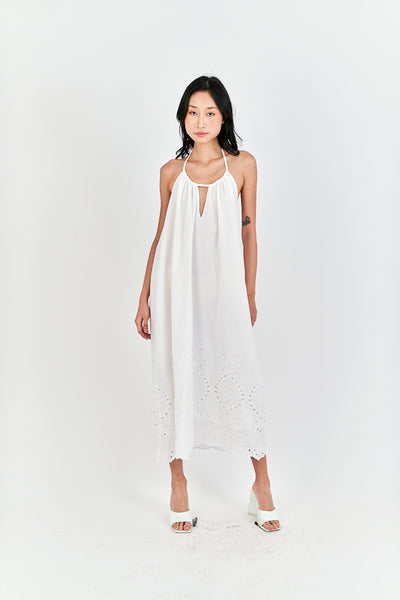 Leoria White Eyelet Halter Self Tie Strap Sexy Back Midi Dress