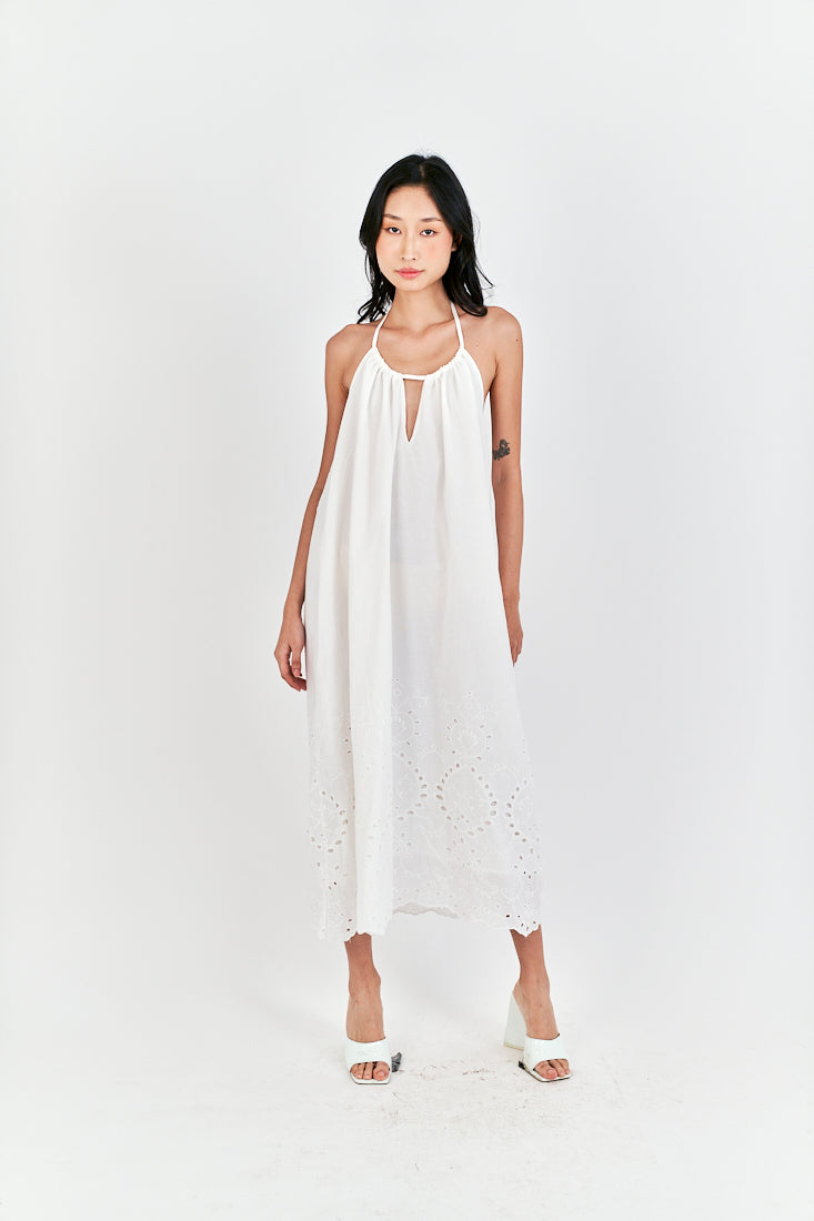 Leoria White Eyelet Halter Self Tie Strap Sexy Back Midi Dress