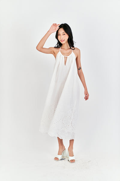 Leoria White Eyelet Halter Self Tie Strap Sexy Back Midi Dress