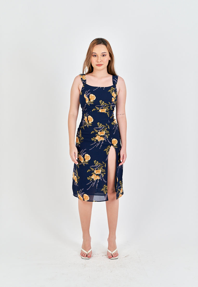 Seraphine Blue Floral Print Square Neck Side Slit Sleeveless Midi Dress