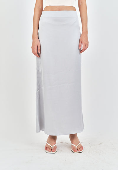 Evren Grey Satin Zipper Fly Midi Skirt