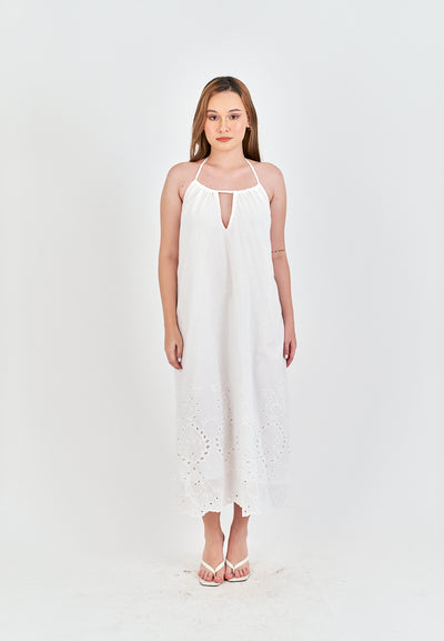 Leoria White Eyelet Halter Self Tie Strap Sexy Back Midi Dress