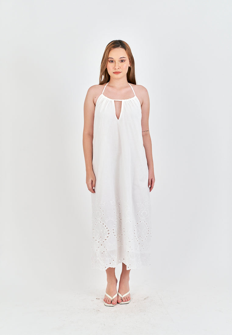 Leoria White Eyelet Halter Self Tie Strap Sexy Back Midi Dress