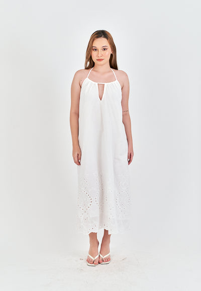 Leoria White Eyelet Halter Self Tie Strap Sexy Back Midi Dress