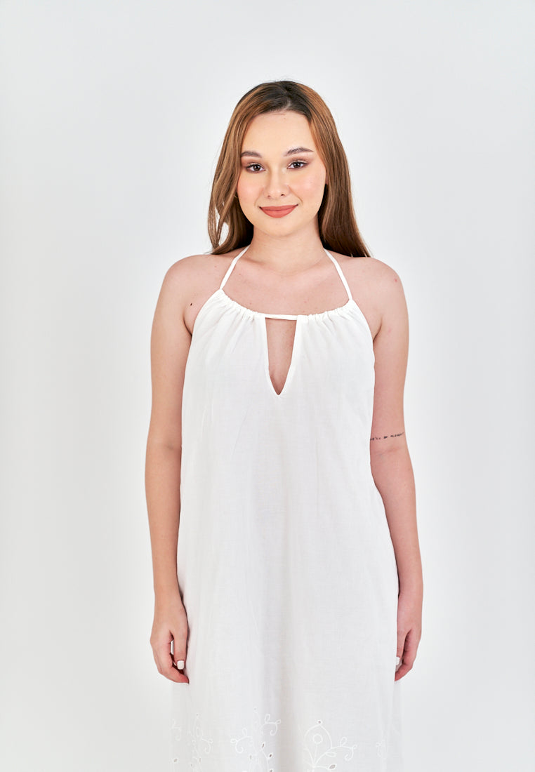 Leoria White Eyelet Halter Self Tie Strap Sexy Back Midi Dress