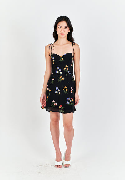 Adelita Black Floral All Over Print Sleeveless Self Tie Mini Dress