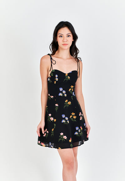 Adelita Black Floral All Over Print Sleeveless Self Tie Mini Dress