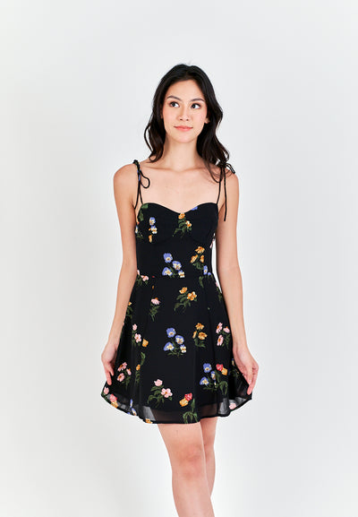 Adelita Black Floral All Over Print Sleeveless Self Tie Mini Dress