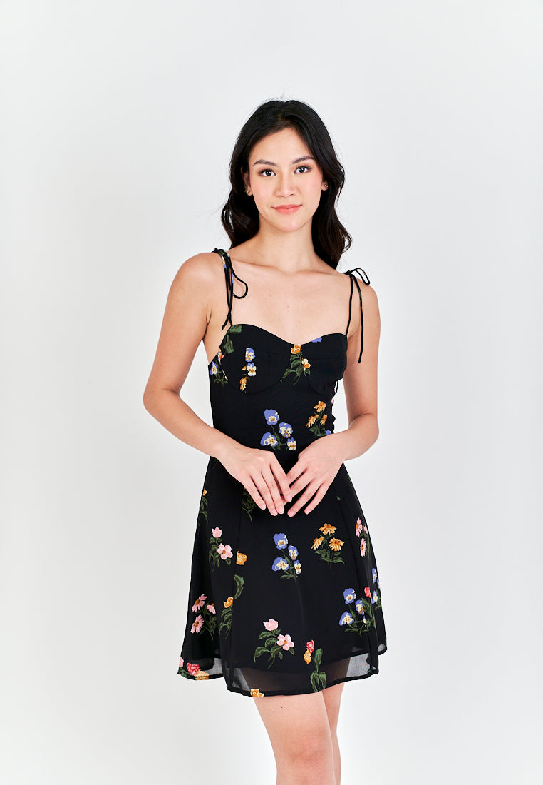 Adelita Black Floral All Over Print Sleeveless Self Tie Mini Dress