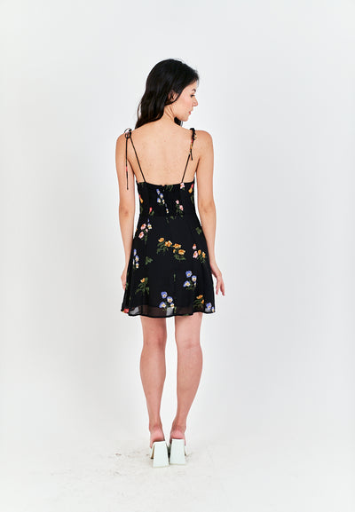 Adelita Black Floral All Over Print Sleeveless Self Tie Mini Dress