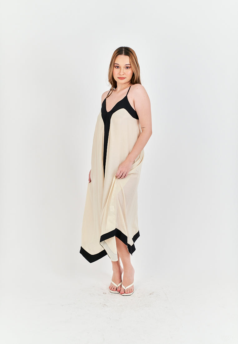 Avi Beige with Black Edges V Neck Adjustable Spaghetti Strap Midi Dress