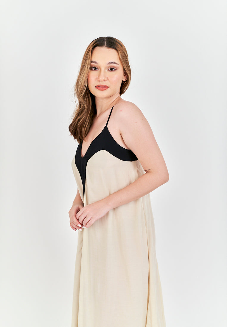 Avi Beige with Black Edges V Neck Adjustable Spaghetti Strap Midi Dress